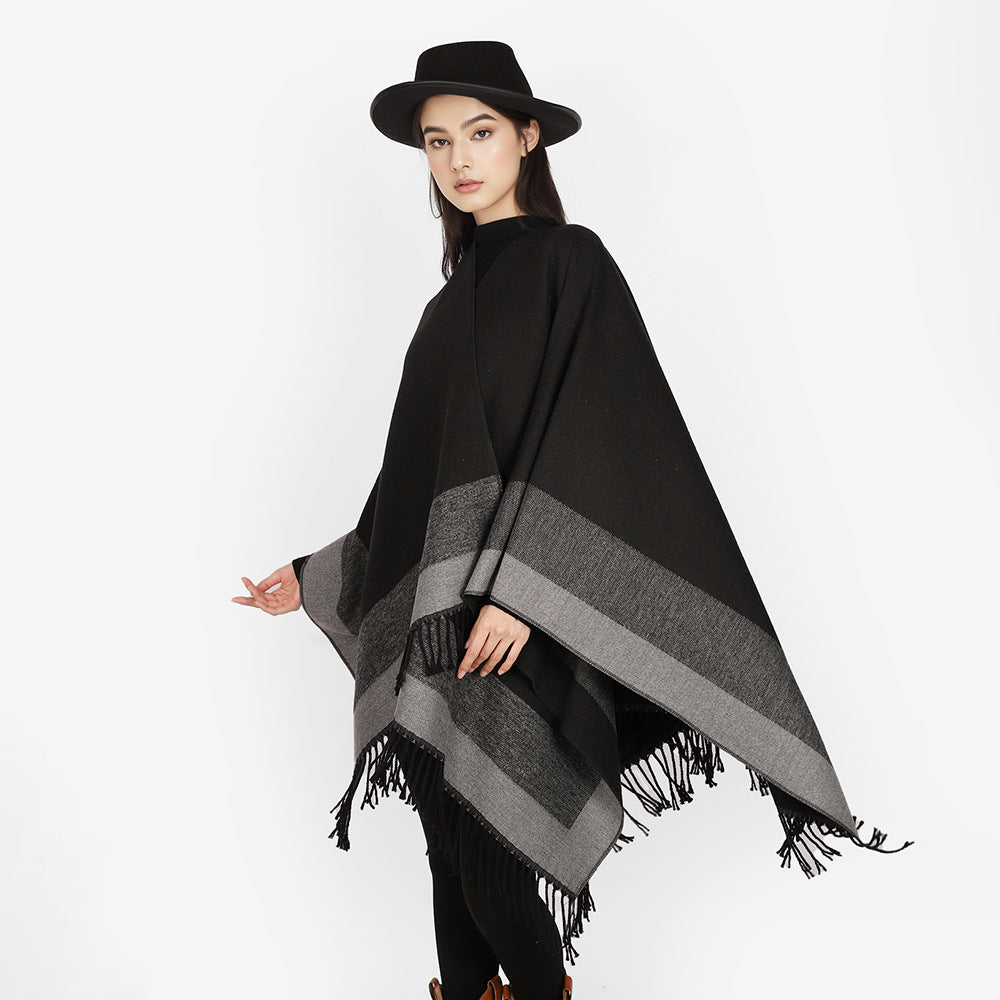 Women Rectangular Wool Blend Poncho Wrap with Open Front and Fine Fringe Hem Mune Fashion