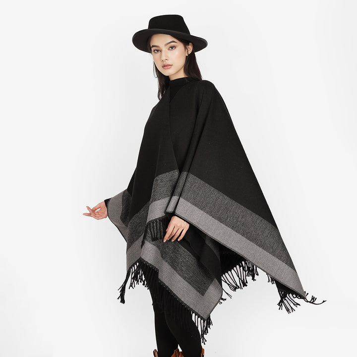 Women Rectangular Wool Blend Poncho Wrap with Open Front and Fine Fringe Hem Mune Fashion