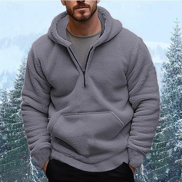 Men's nan sherpa fleece hoodie with half zipper, hood, and large kangaroo pocket Mune Fashion