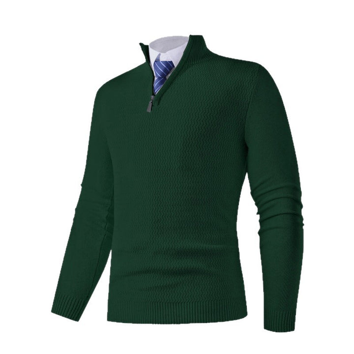 Men's fine knit pullover with stand-up collar and half zipper, textured knit and slim business casual fit Mune Fashion