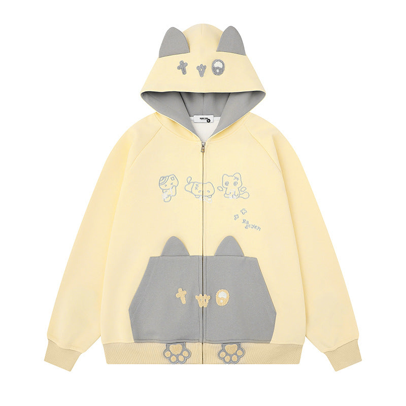 Women's hooded sweatshirt jacket with ears, full-length zipper, kangaroo pocket with paw appliqué and playful embroidery Mune Fashion