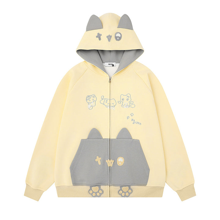 Women's hooded sweatshirt jacket with ears, full-length zipper, kangaroo pocket with paw appliqué and playful embroidery Mune Fashion