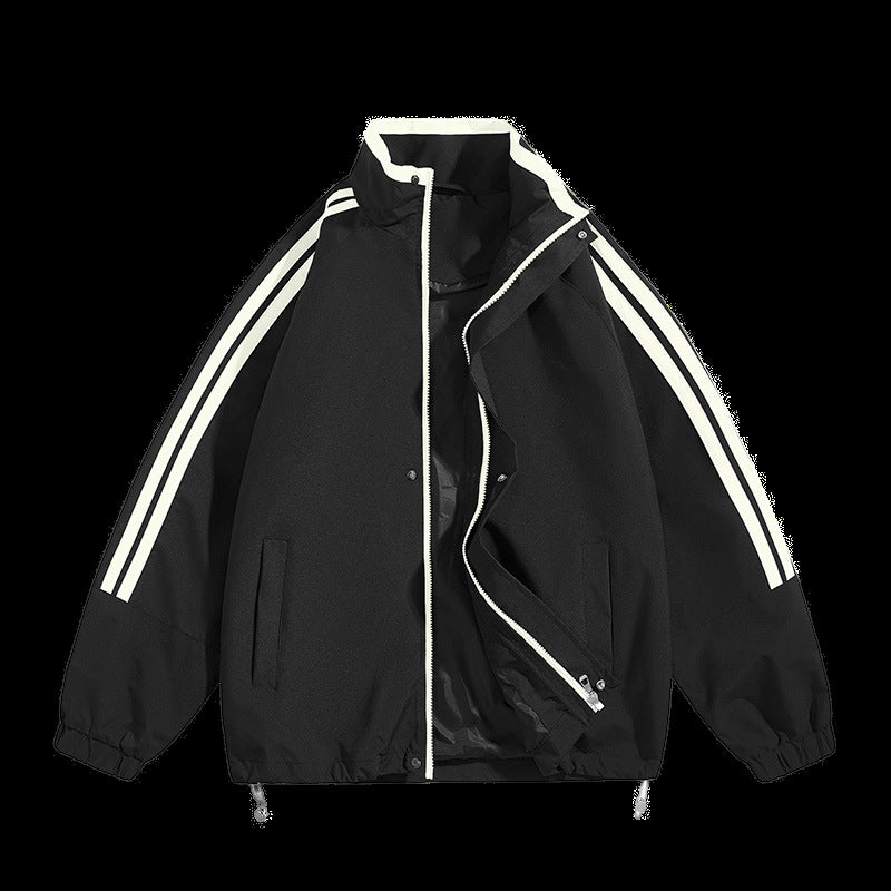 Unisex  oversized retro athletic shell jacket with stand collar and dual sleeve stripes Mune Fashion