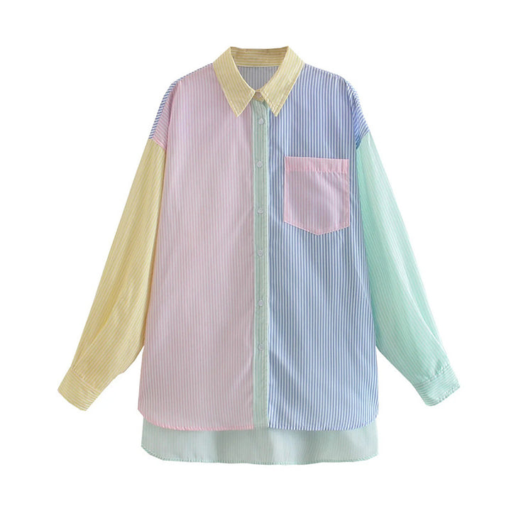 Women nan oversized shirt blouse with block stripes and chest pocket Mune Fashion