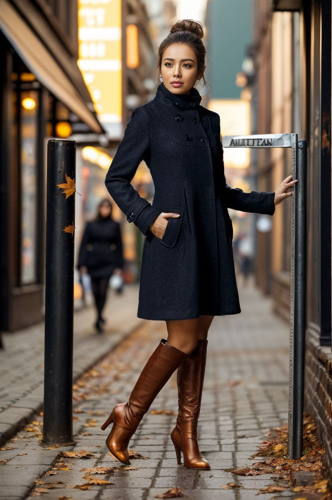 Women's tailored wool coat with standing collar and double-breasted button placket Mune Fashion