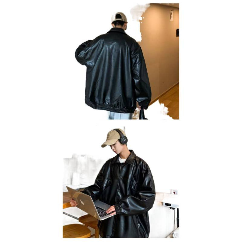 Men's Oversized PU Leather Shacket with Flap Pockets and Elastic Cuffs Mune Fashion