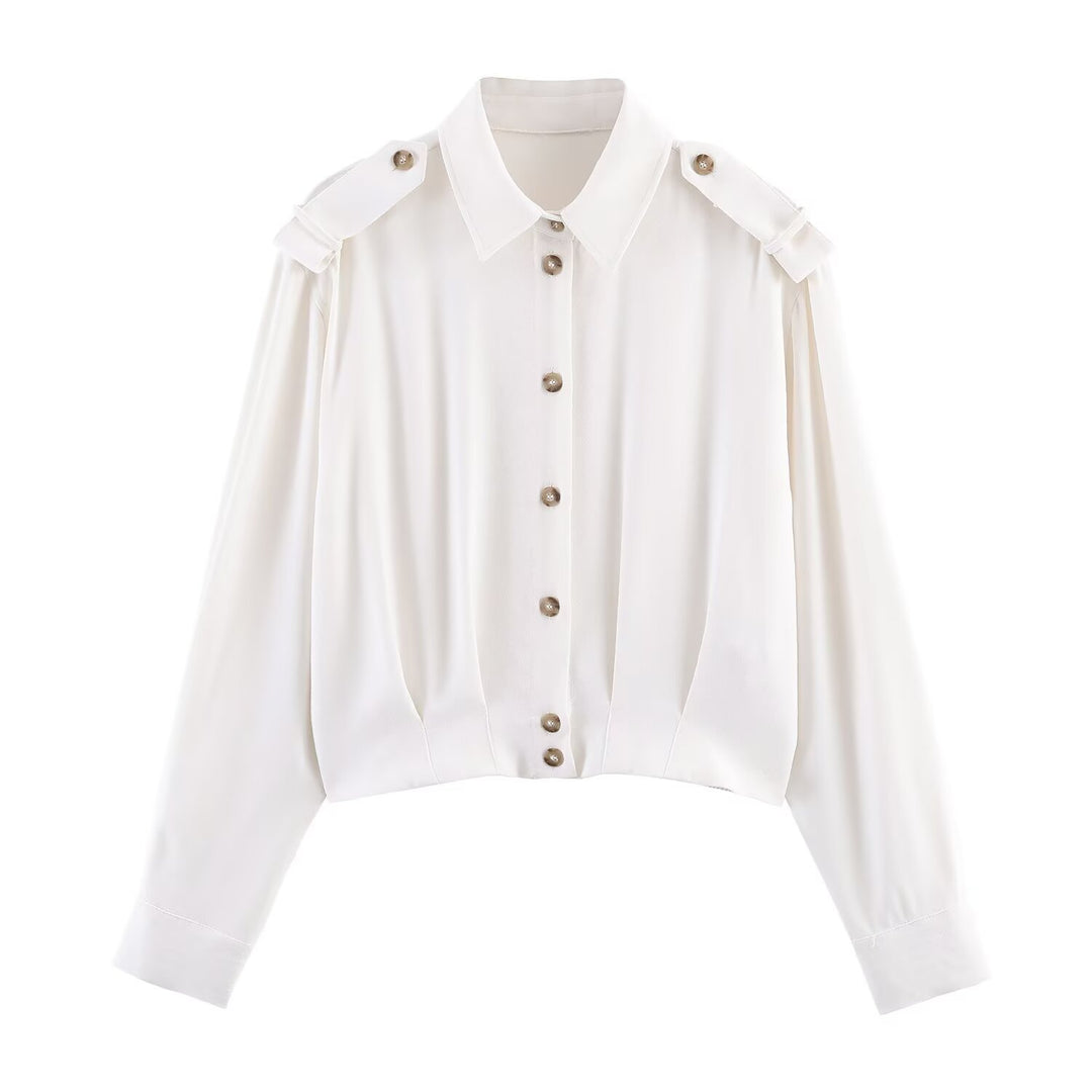 Women's Cropped Blouse with Epaulettes and Tailored Draping Mune Fashion