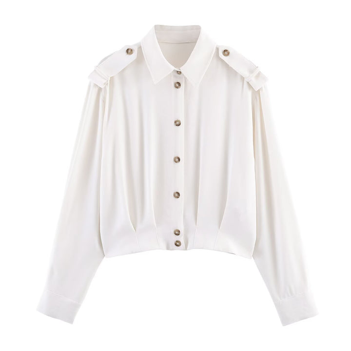 Women's Cropped Blouse with Epaulettes and Tailored Draping Mune Fashion