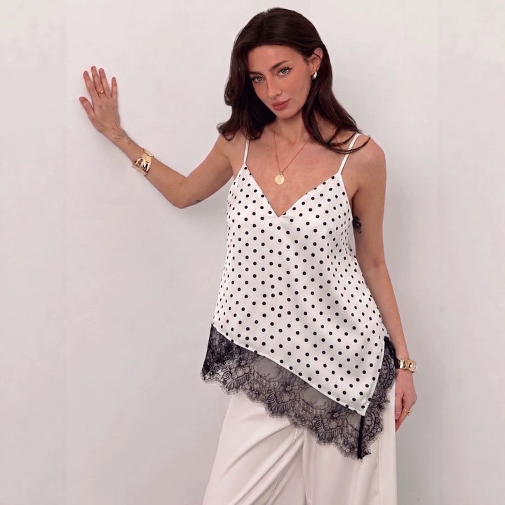 Women nan silky shiny spaghetti strap cami with asymmetric lace edge Mune Fashion