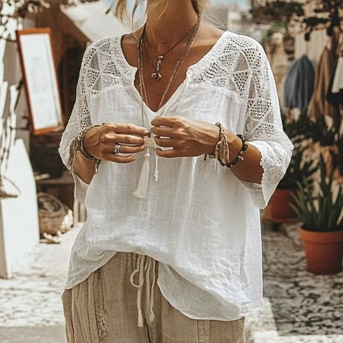 Women's fall loose tunic blouse in Boho style with crocheted shoulder and sleeve details Mune Fashion