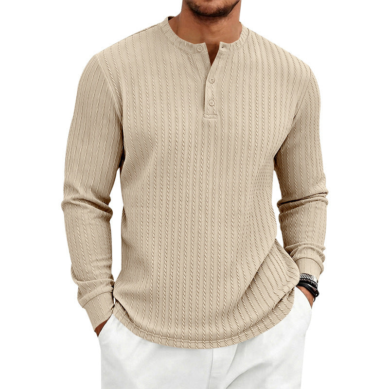 Men's fine knit Henley with stand collar and cable pattern Mune Fashion