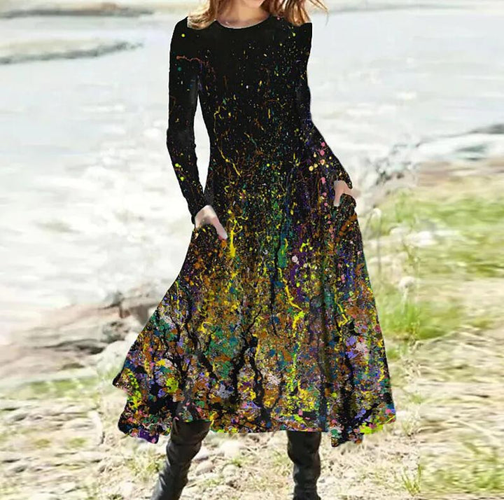 Women's A-line midi dress with abstract spray pattern, round neckline, long sleeves and side pockets Mune Fashion