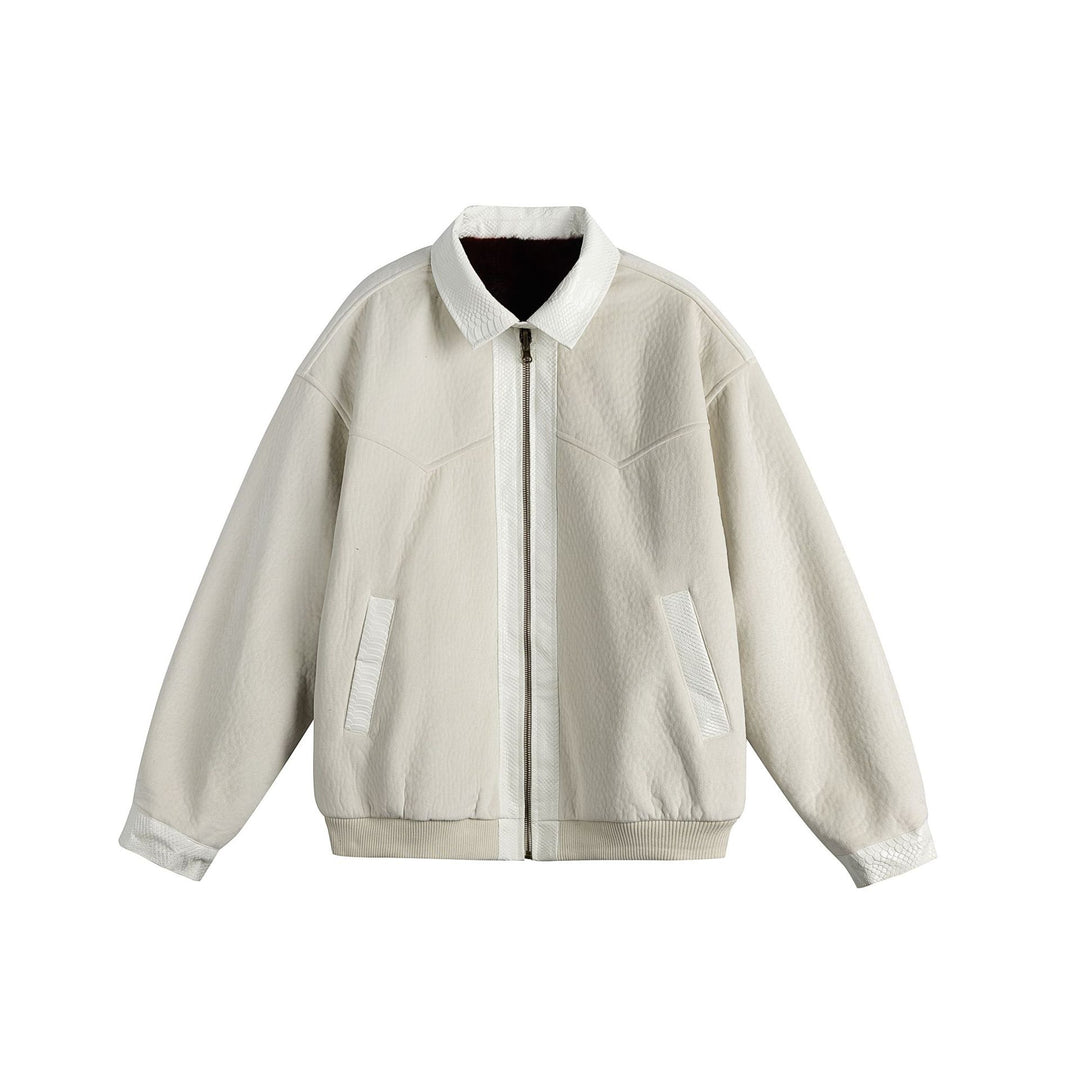 Unisex Oversize Blouson Jacket made of Velours-Suede with reptile embossed trim and warming teddy lining Mune Fashion