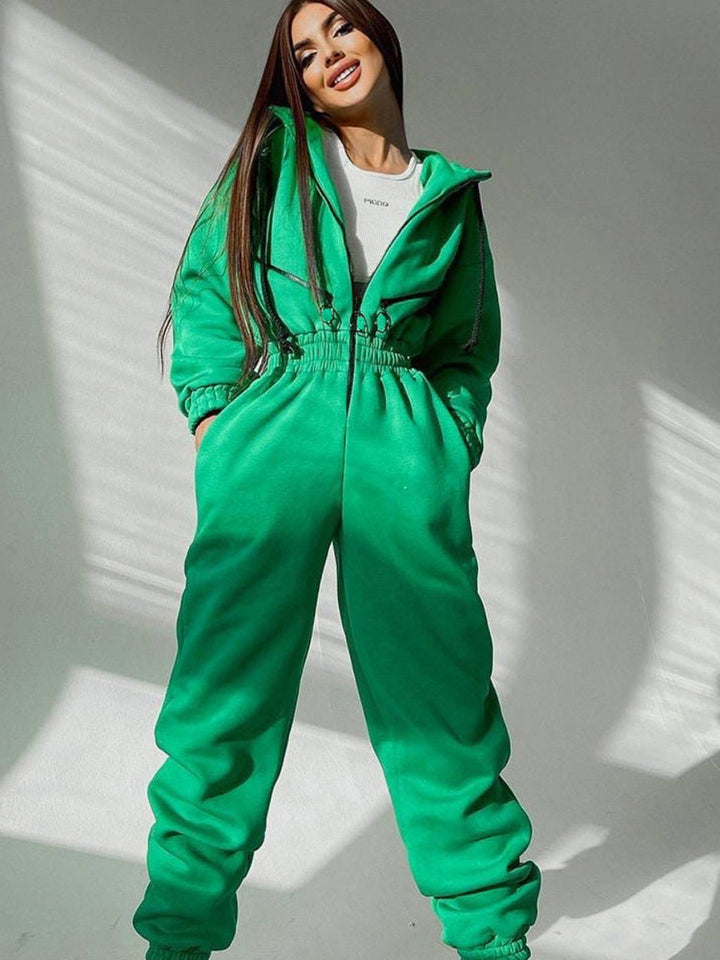 Ladies Tailored Hooded Sweat Jumpsuit with Zipper and Elastic Waistband Mune Fashion