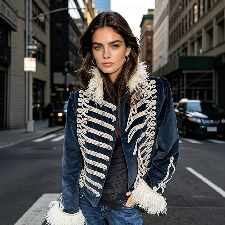 Women's Velvet Military Jacket with Decorative Straps and Feather Trim Mune Fashion