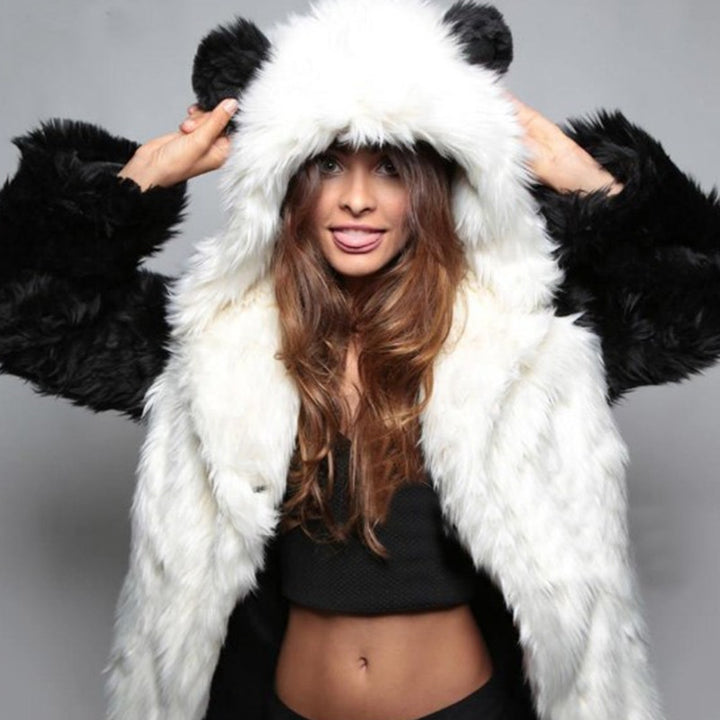 Women's Short Hooded Jacket made of vegan high-pile synthetic fur with cat ears and tailored silhouette Mune Fashion