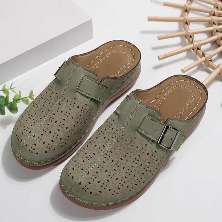 Ladies Perforated Comfort Mule with Adjustable Metal Buckle and Padded Footbed Mune Fashion