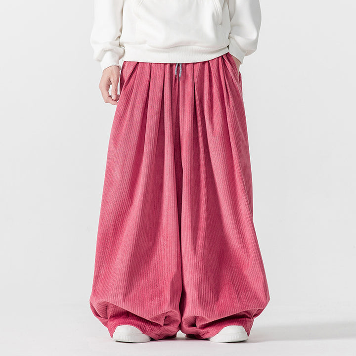 Men's Extra Wide Pleated Pants with Ribbed Texture and Drawstring Mune Fashion