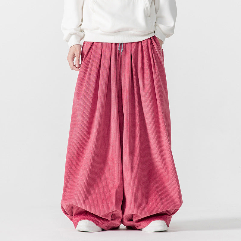 Men's Extra Wide Pleated Pants with Ribbed Texture and Drawstring Mune Fashion