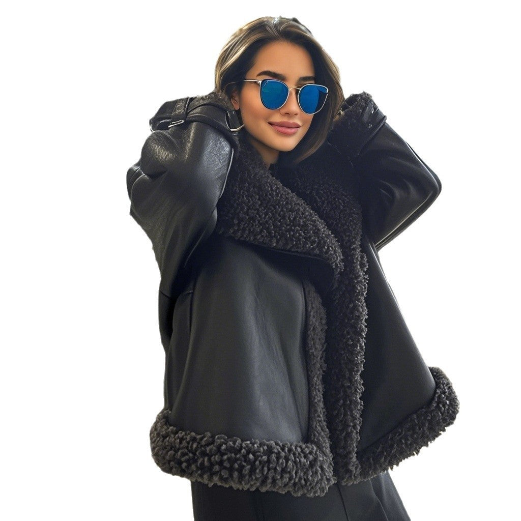 Women’s short-cut aviator leather jacket with teddy lining, large collar, and oversized silhouette Mune Fashion