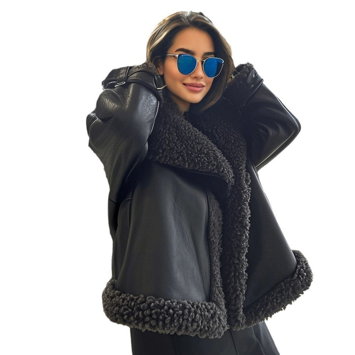 Women’s short-cut aviator leather jacket with teddy lining, large collar, and oversized silhouette Mune Fashion