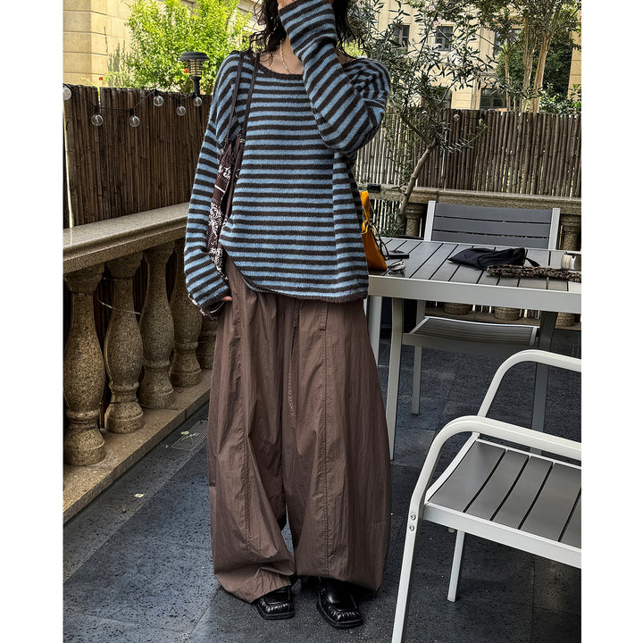 Women's Wide High-Waist Baggy Pants with Drawstring and Division Seams Mune Fashion