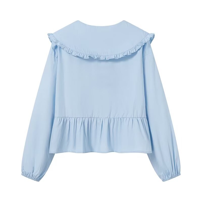Women's Ruffled Cropped Blouse with Oversized Collar, Ties and Fitted Peplum Mune Fashion