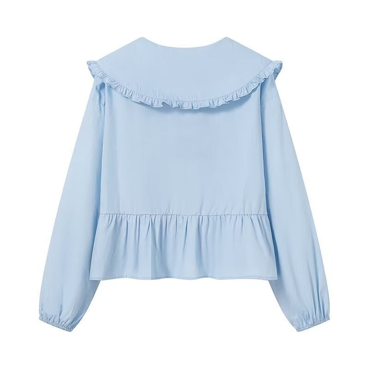 Women's Ruffled Cropped Blouse with Oversized Collar, Ties and Fitted Peplum Mune Fashion