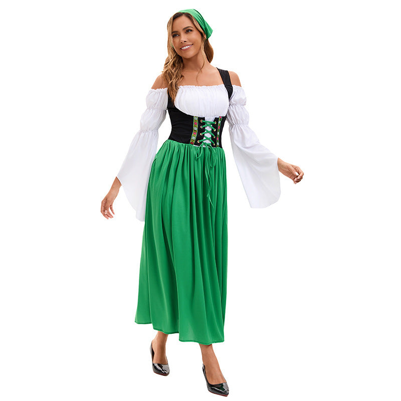 Women's Renaissance peasant dress with laced corset and trumpet sleeves Mune Fashion