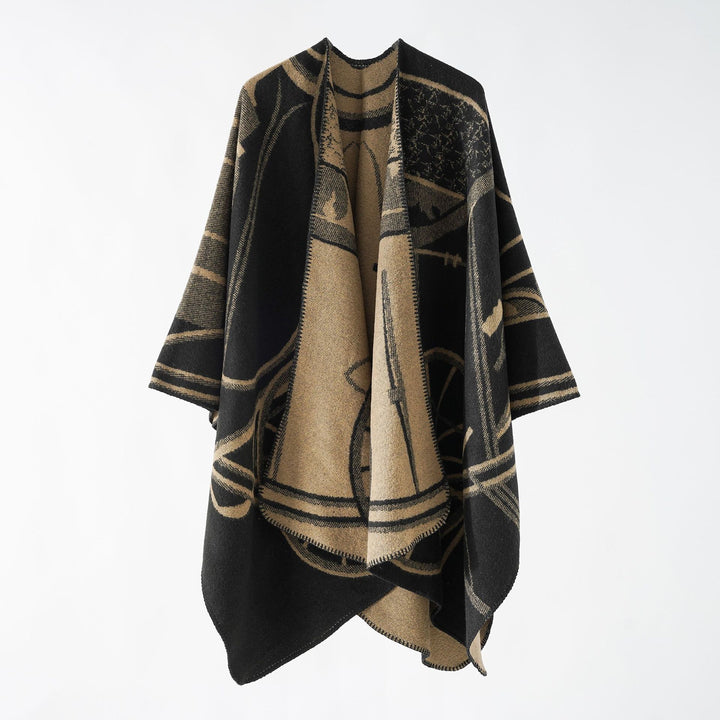 Women Wool Blend Reversible Cape with Graphic Jacquard and Open Kimono Fall Mune Fashion