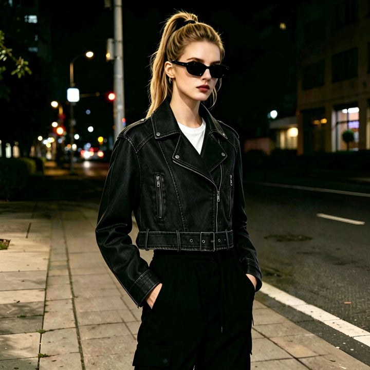 Women's Short Cut Vintage-Inspired Cropped Biker Jacket made of Vegan Leather with Waist Belt and Epaulettes Mune Fashion