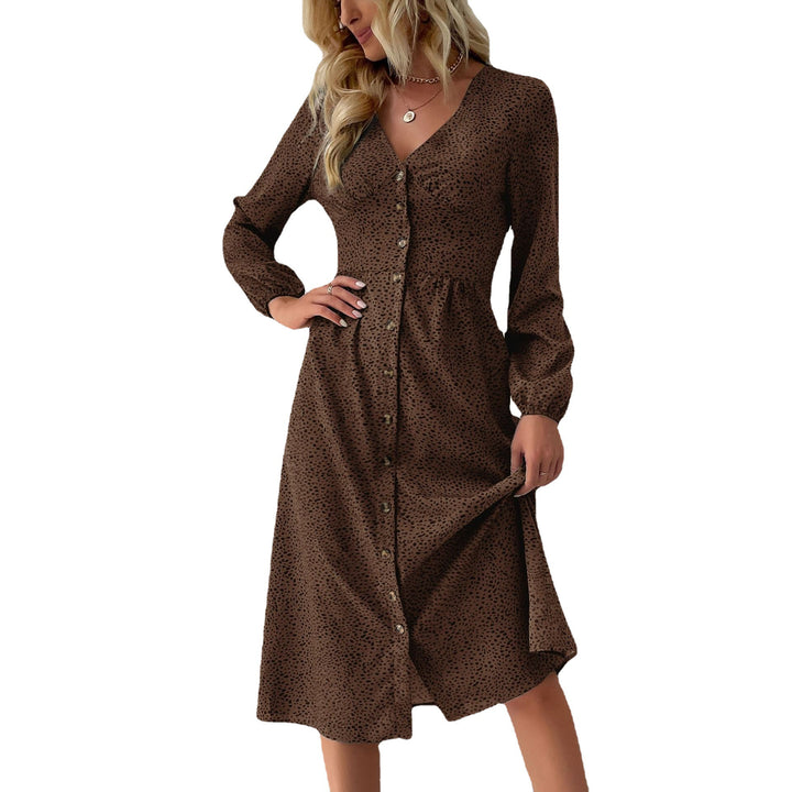 Women's V-neck midi dress with button placket, tailored fit and balloon sleeves Mune Fashion
