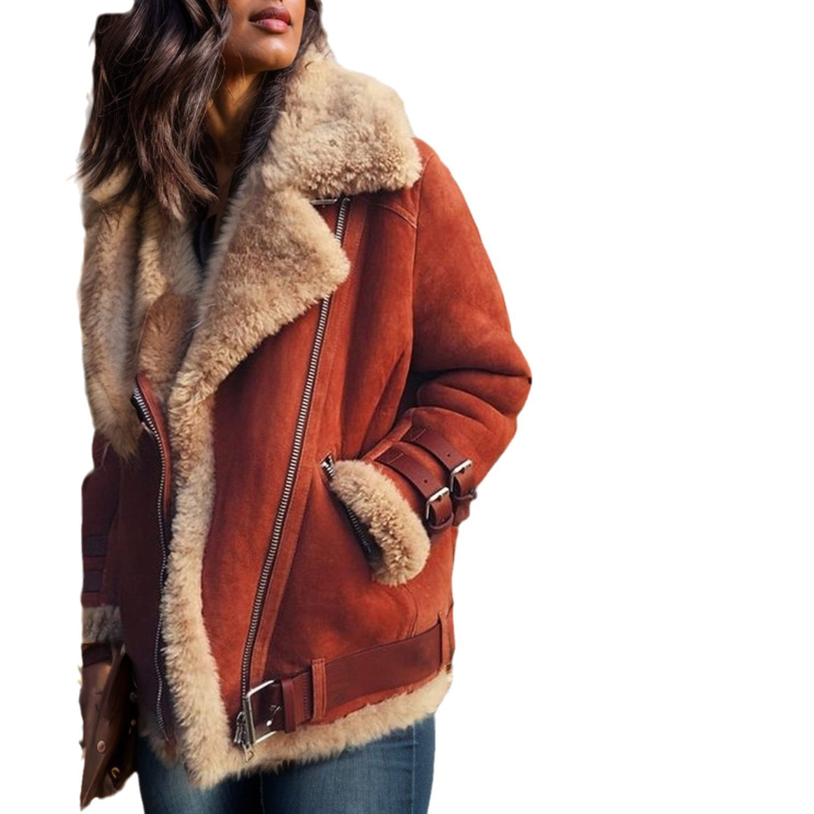Women Short Bomber Jacket with Teddy Lining, Soft Lamb Fur Collar and Zipper Mune Fashion