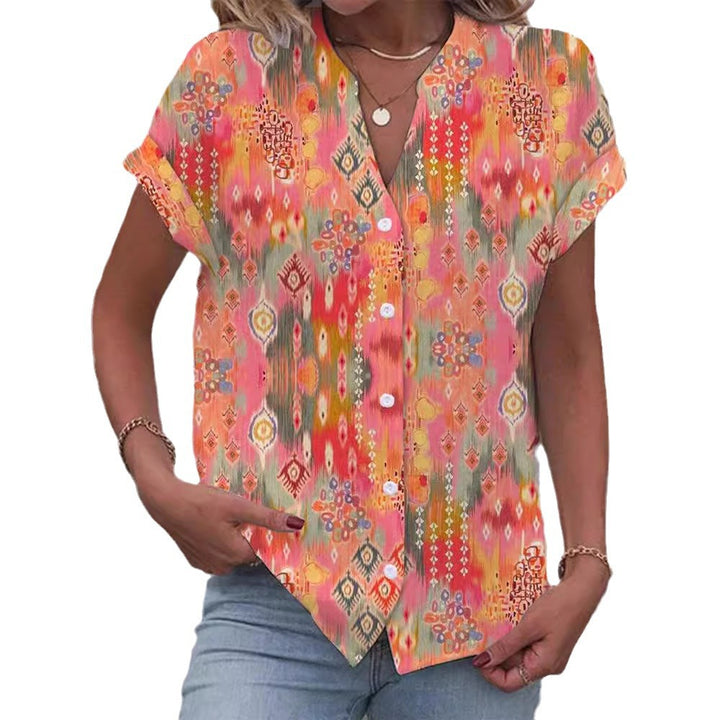 Women's casual short-sleeve blouse with V-neck, button placket and folk all-over print Mune Fashion