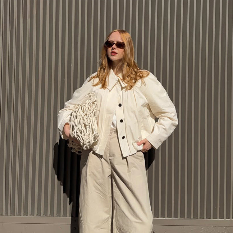 Women's Lightweight Cropped Blouse Jacket with Boxy Silhouette, Oversized Shirt Collar and Balloon Sleeves Mune Fashion
