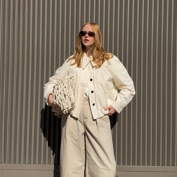Women's Lightweight Cropped Blouse Jacket with Boxy Silhouette, Oversized Shirt Collar and Balloon Sleeves Mune Fashion