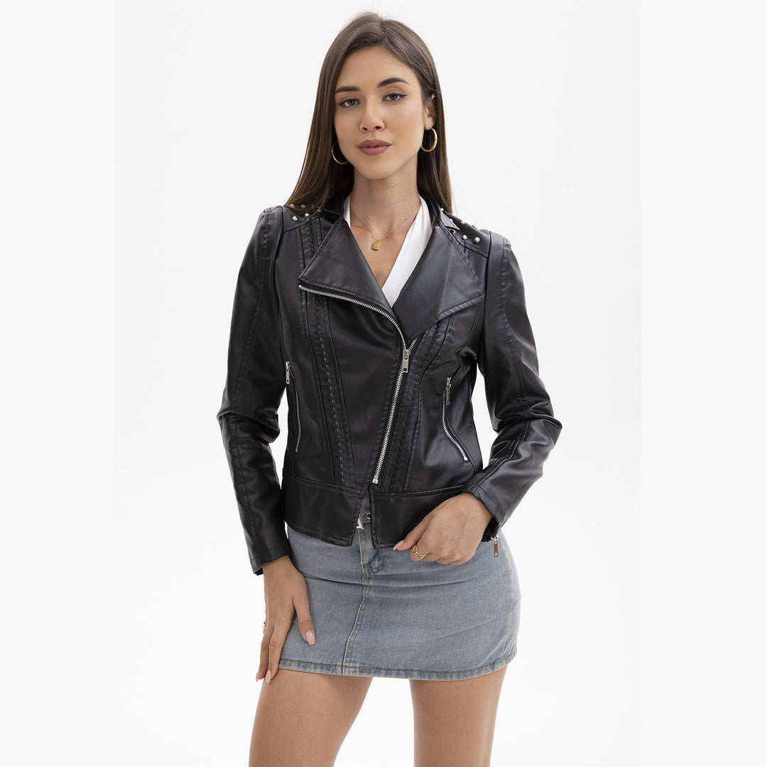 Women's cropped biker jacket made of faux leather with studs and asymmetrical zipper Mune Fashion