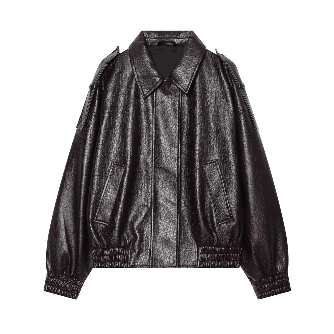 Women's Oversized Faux Leather Bomber Jacket with Epaulettes and Gathered Hem Mune Fashion