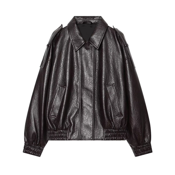 Women's Oversized Faux Leather Bomber Jacket with Epaulettes and Gathered Hem Mune Fashion