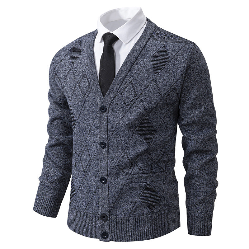 Men's fine diamond-pattern knit cardigan with V-neck, button placket, and front pockets Mune Fashion