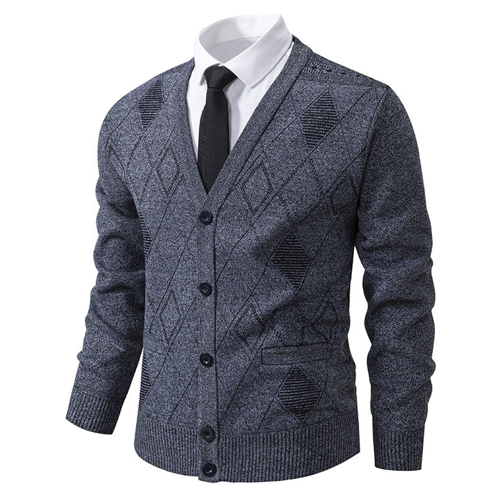 Men's fine diamond-pattern knit cardigan with V-neck, button placket, and front pockets Mune Fashion