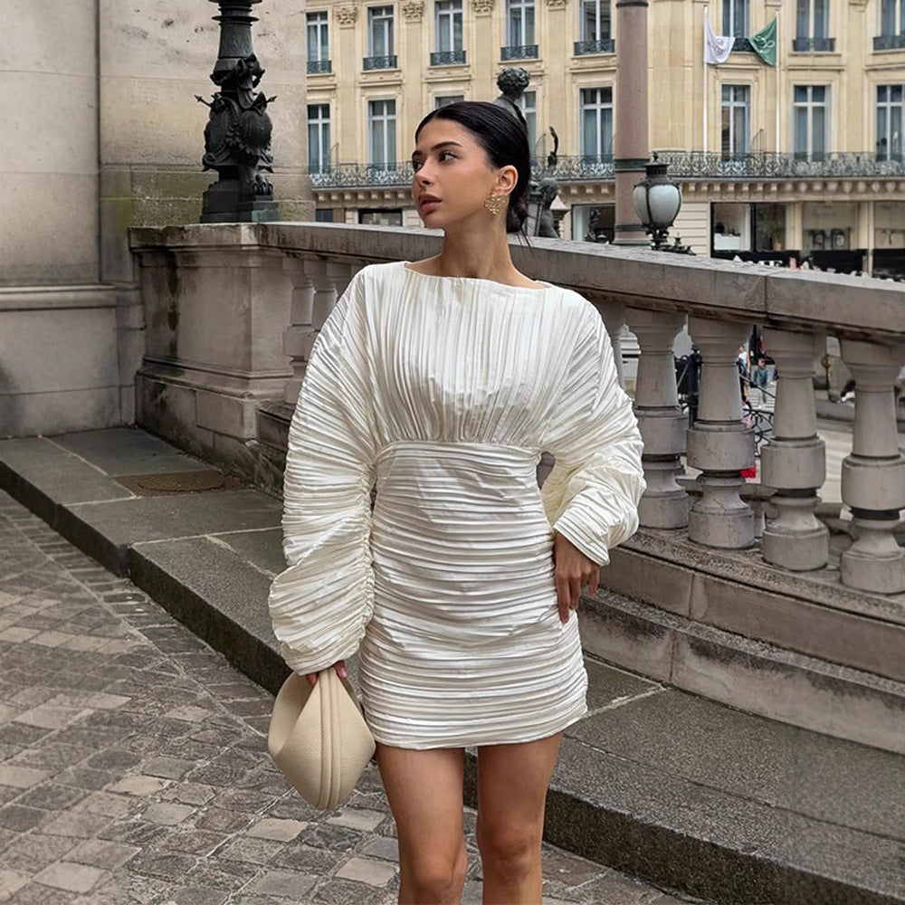 Women's gathered pleated mini dress with balloon sleeves and tailored silhouette Mune Fashion