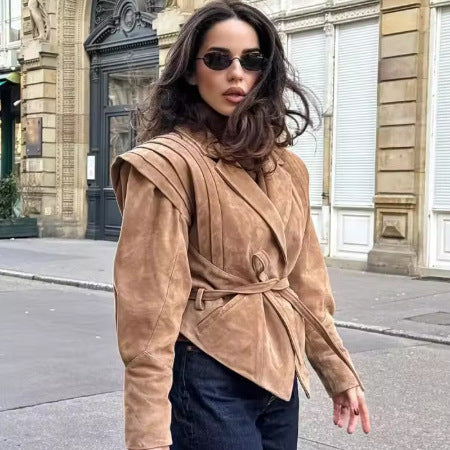 Women in tailored suede look blazer with wrap belt and gathered shoulders Mune Fashion