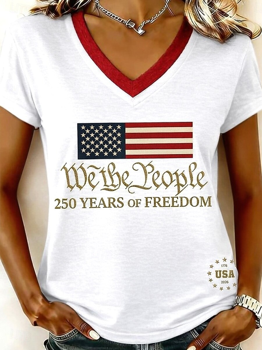 Women’s V-neck Retro Print T-shirt with Eagle Emblem and vintage-inspired Graphic Mune Fashion