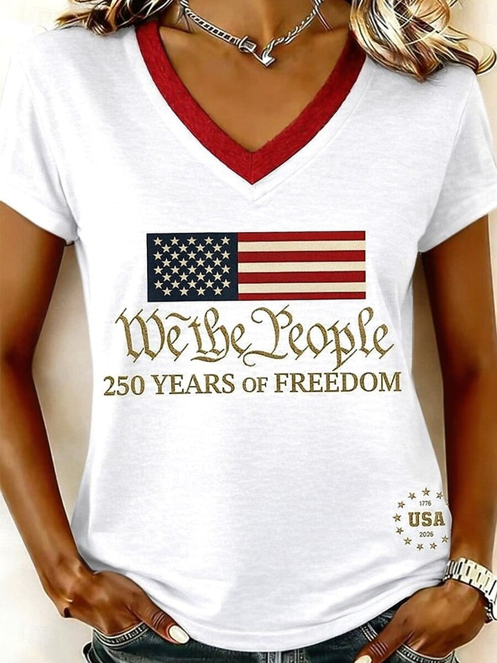 Women’s V-neck Retro Print T-shirt with Eagle Emblem and vintage-inspired Graphic Mune Fashion
