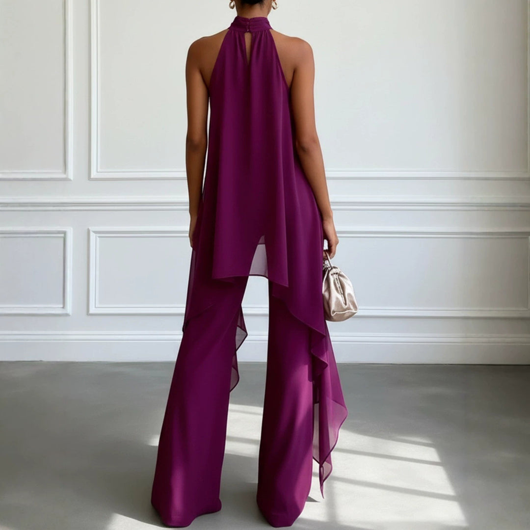 Ladies' elegant evening two-piece with gathered stand collar, asymmetrical ruffle, and flowing flared trousers Mune Fashion