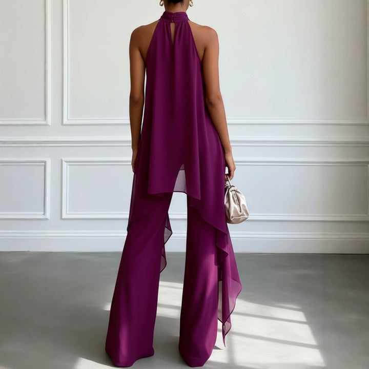 Ladies' elegant evening two-piece with gathered stand collar, asymmetrical ruffle, and flowing flared trousers Mune Fashion