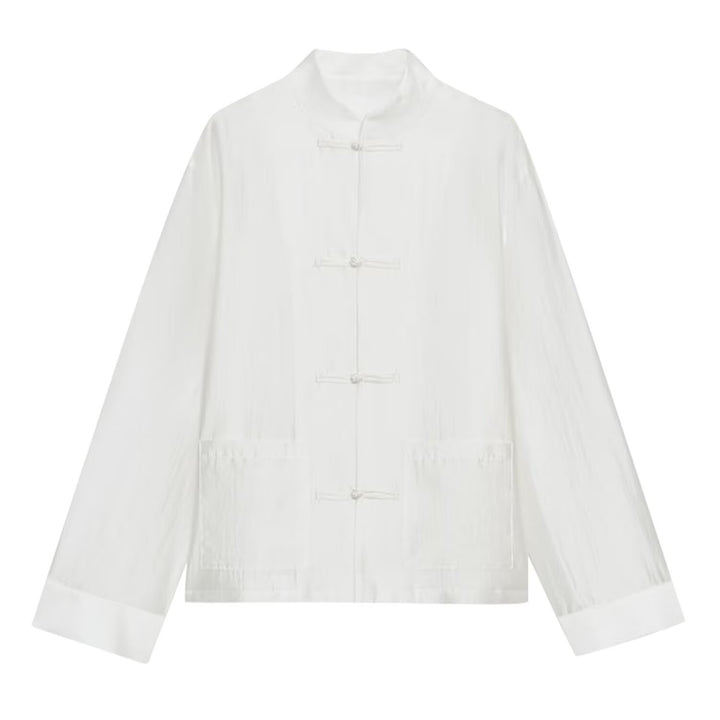 Women's Lightweight Stand Collar Jacket with Traditional Knot Closures Mune Fashion