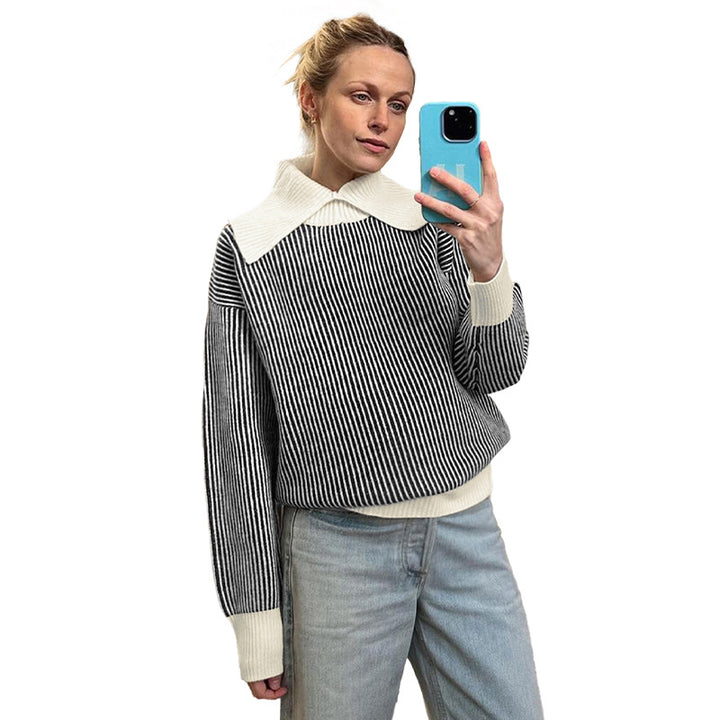 Women's Striped Knit Sweater with Oversized Contrast Collar Mune Fashion