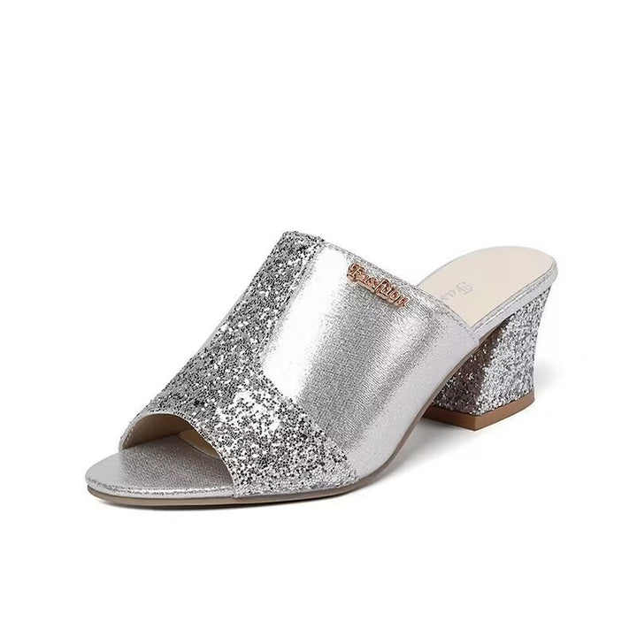 Women's elegant open slide with fine mesh, sparkling appliqués and mid-high block heel Mune Fashion